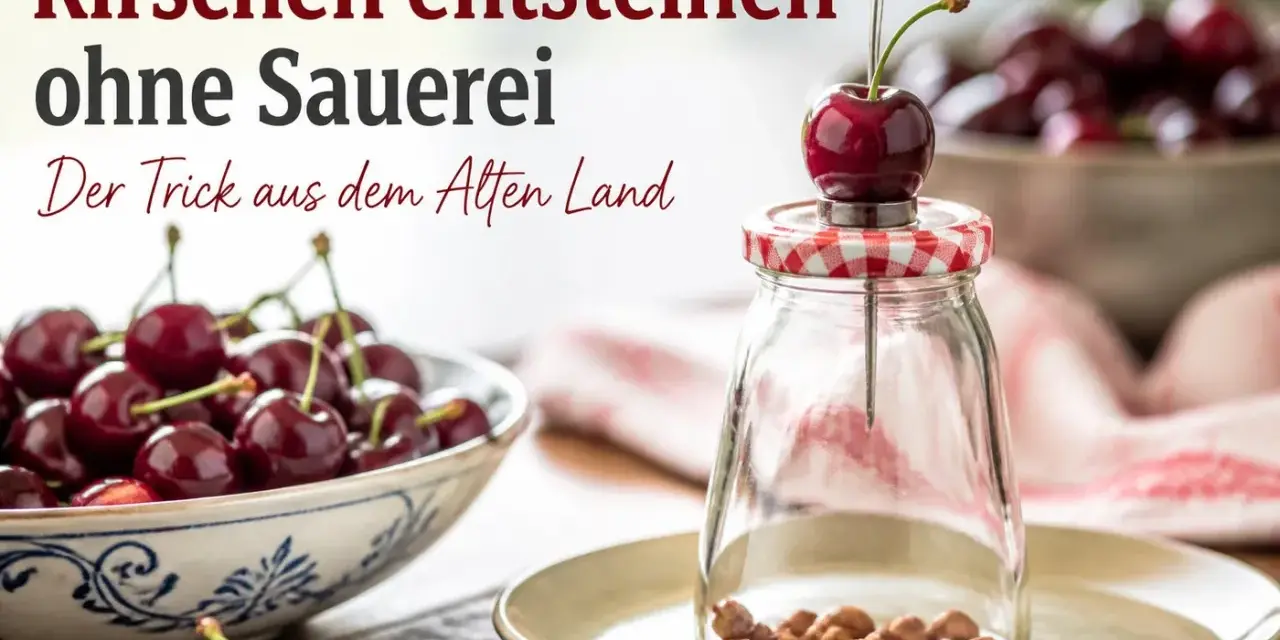 Kirschen entkernen ohne Sauerei: Ein Trick aus dem Alten Land zeigt, wie es geht. Ein Kirschkernentkerner drückt den Kern durch die Frucht in ein Glas.