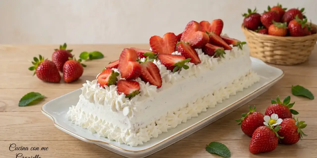 Delizioso rotolo panna e fragole, ricoperto di panna montata e fragole fresche, con fragole in un cestino sullo sfondo.