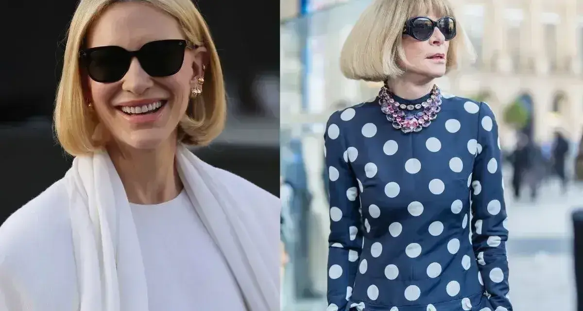 Dwie kobiety w stylowych fryzurach french bob. Jedna w białej kreacji, druga w granatowej w grochy.