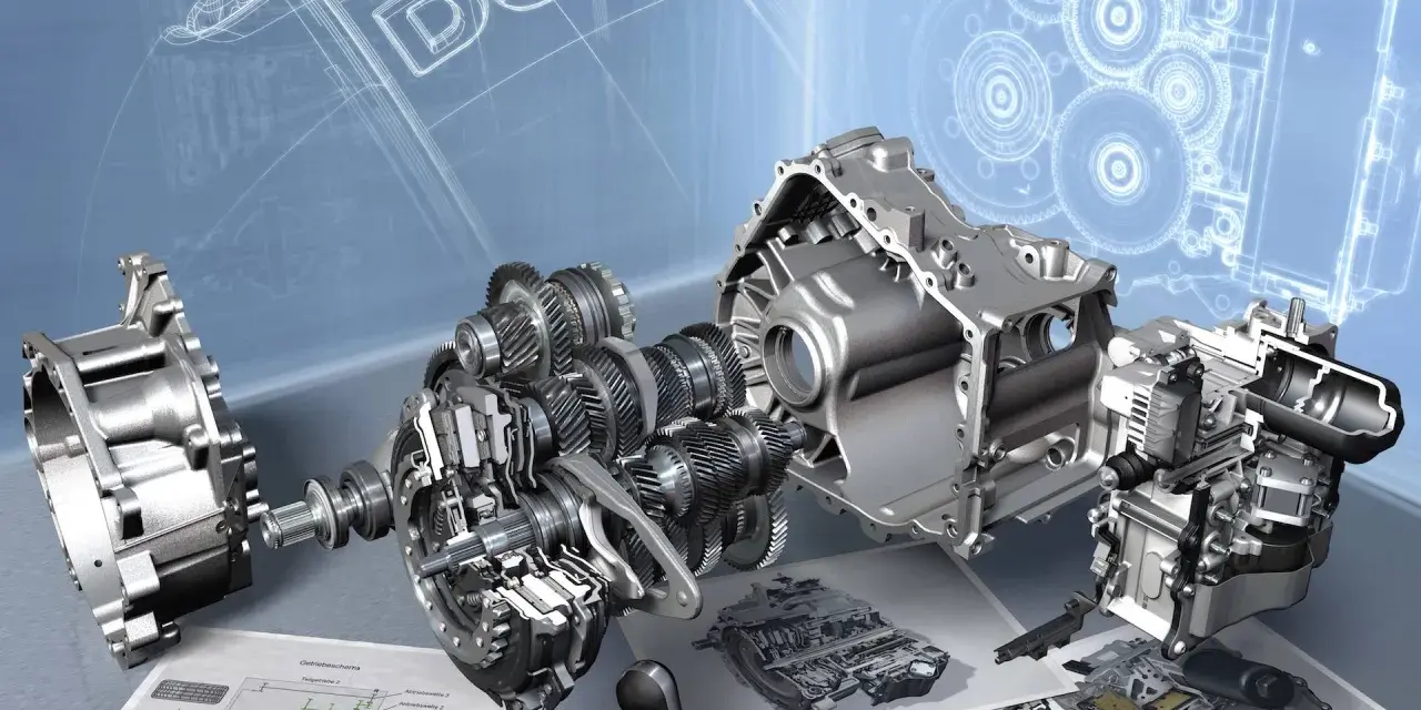Rozłożony na części mechanizm DSG, schematy i dźwignia zmiany biegów. To obraz rewolucji w **power shift**.