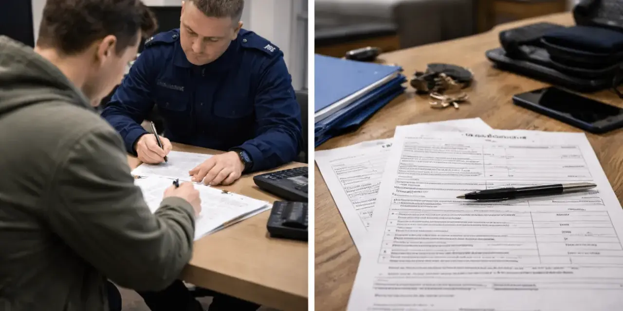 Policjant w mundurze spisuje protokół policyjny z mężczyzną. Na stole leżą dokumenty i długopis.