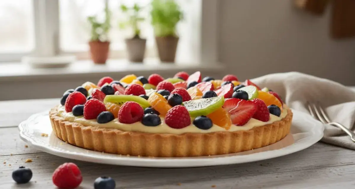 Una deliziosa crostata di frutta, con fragole, kiwi, mirtilli e lamponi, su una base dorata e crema pasticcera.