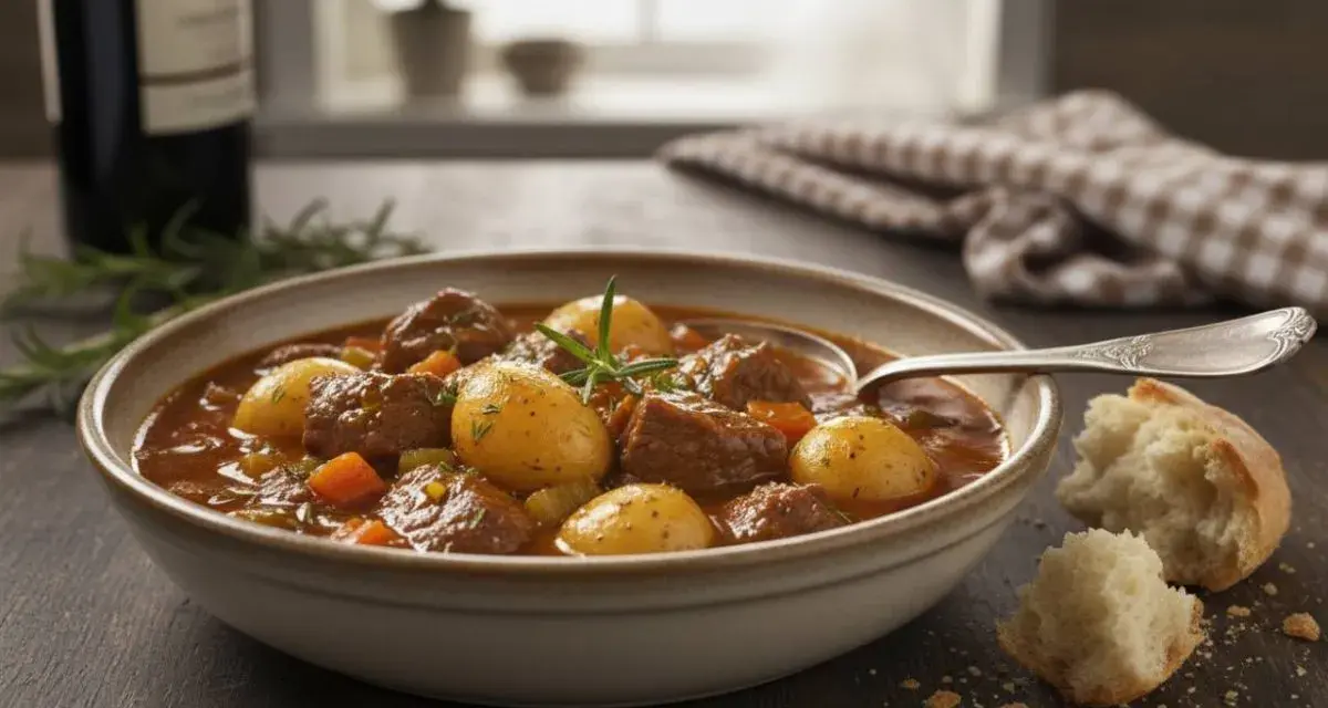 Un invitante spezzatino di manzo con patate e carote in una ciotola, accompagnato da pane fresco e un bicchiere di vino.