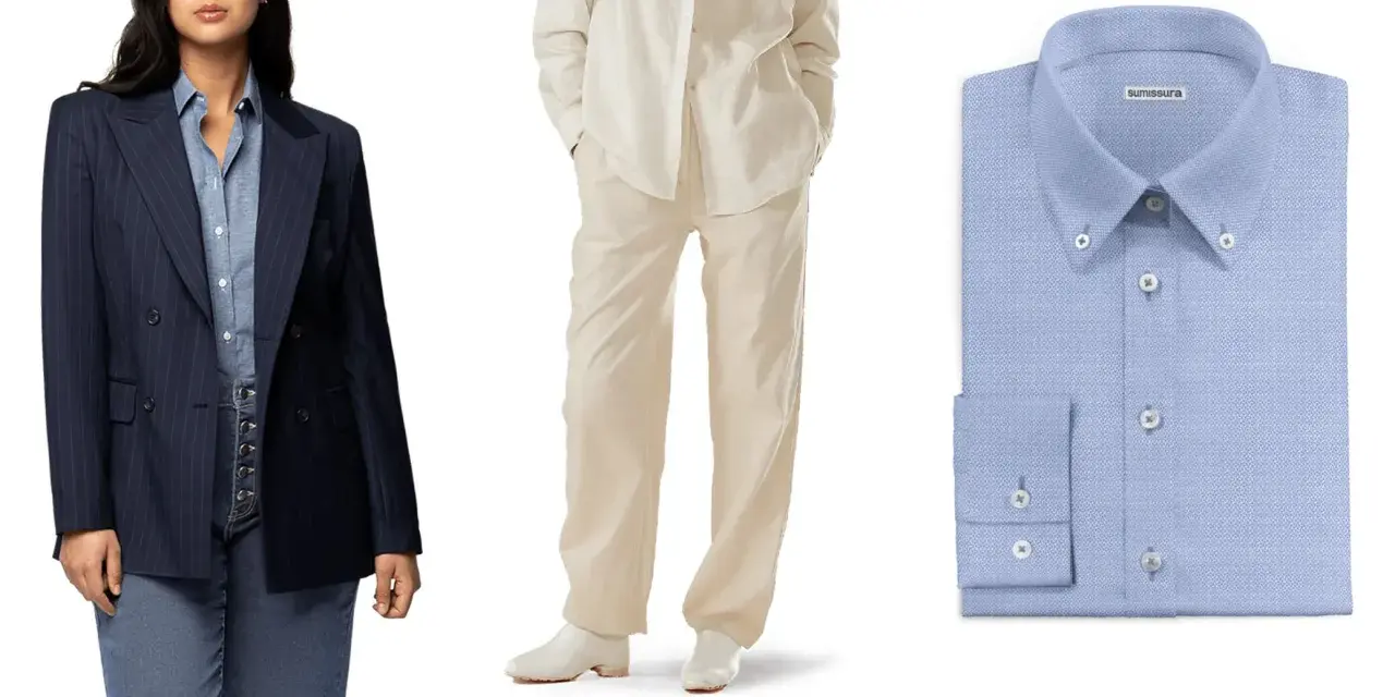 Traje a rayas azul marino, conjunto beige y camisa azul claro. La moda andrógina significa libertad de expresión.