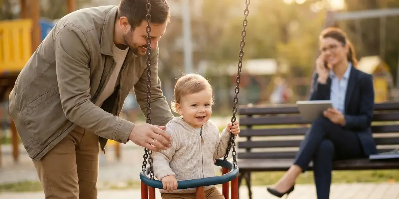Ein Vater schaukelt sein Kind. Im Hintergrund telefoniert eine Frau. Die Frage, an welchen Kosten sich der Vater beteiligen muss, bleibt offen.