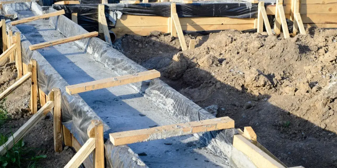 Fundamenty wylewane w wykopie, zabezpieczone folią, z drewnianym szalunkiem. Widać ziemię i przygotowania do dalszych prac budowlanych, uwzględniające głębokość przemarzania gruntu wzór.