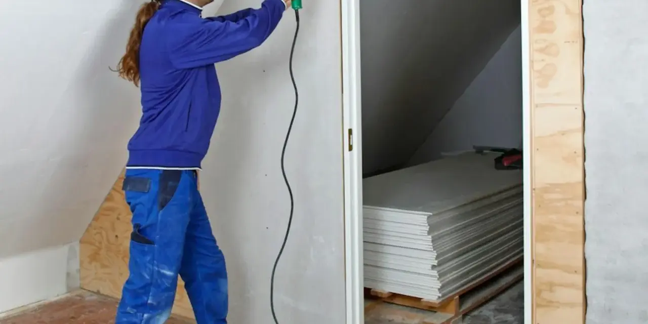 Man med skruvdragare monterar gipsskivor, kanske för att fixa en spackelremsa jula. Staplade skivor syns i bakgrunden.