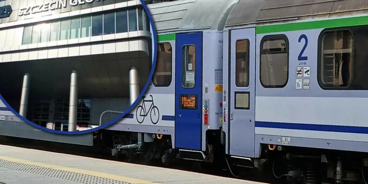 Pociąg PKP Intercity z oznaczeniem eic 8100 na tle dworca Szczecin Główny.