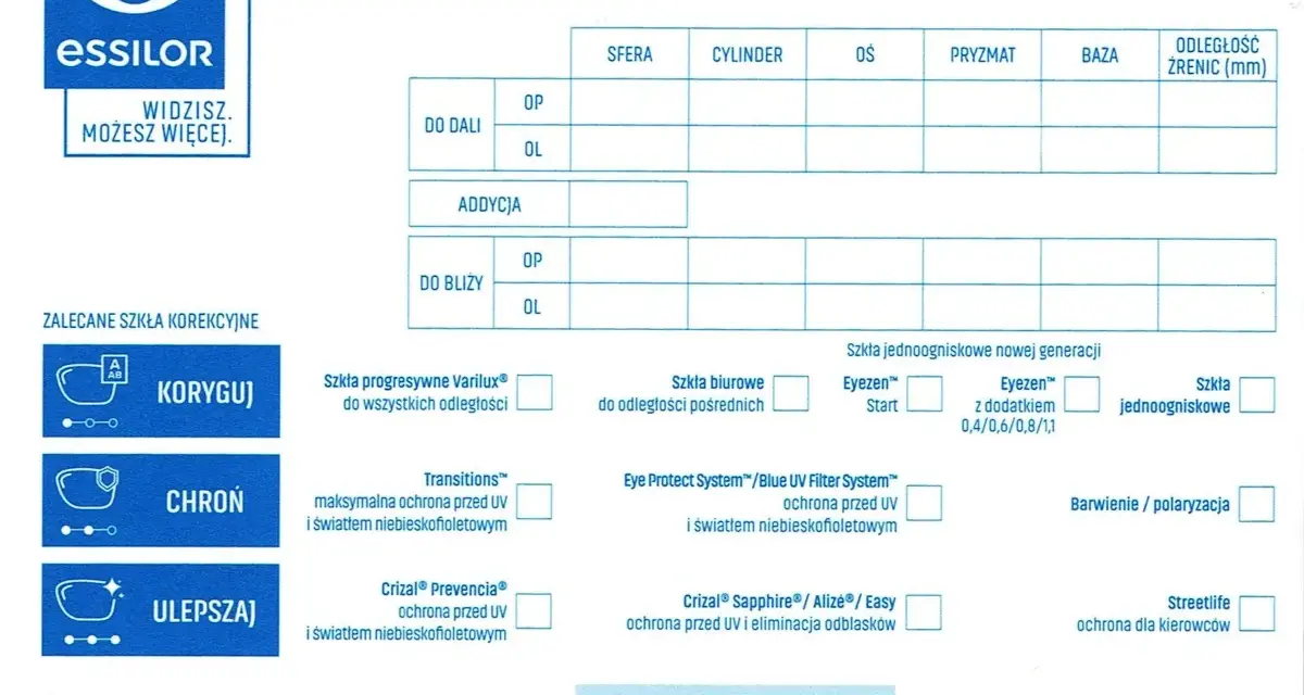 Formularz recepty na okulary z polami do wpisania parametrów SPH, CYL, AXIS i innymi.
