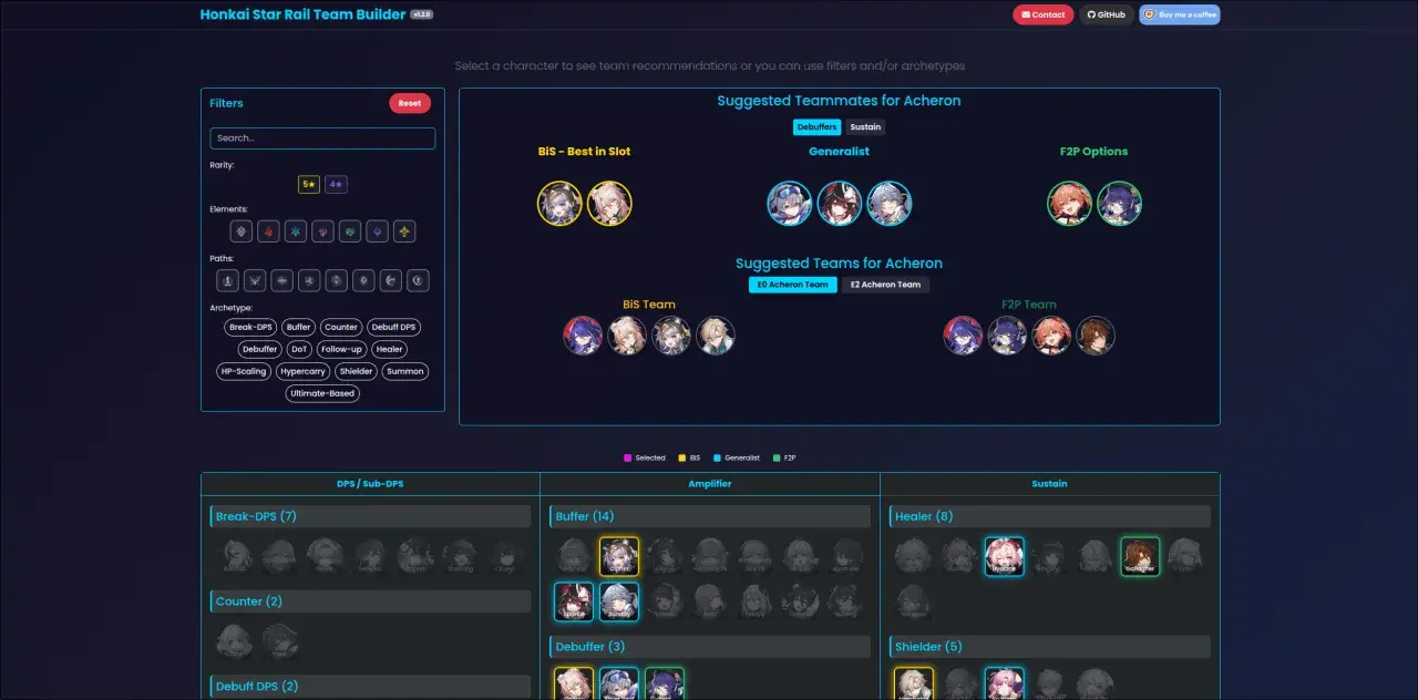 Herramienta para crear equipos de Honkai Star Rail, mostrando honkai star rail personajes y sus arquetipos.