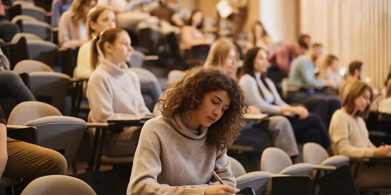 Junge Frau mit Locken schreibt konzentriert in ein Notizbuch, während sie an ihrem Erasmus Studium teilnimmt.