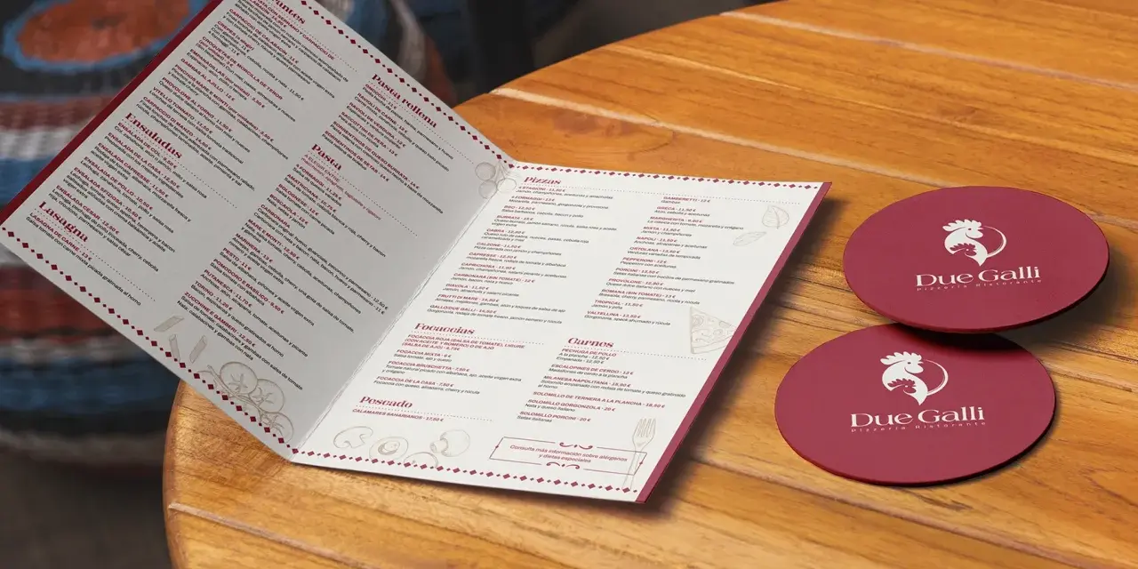 Menú de restaurante "Due Galli" para crear carta de restaurante. Incluye entrantes, ensaladas, pasta, pizzas, focaccias, carnes y pescados.