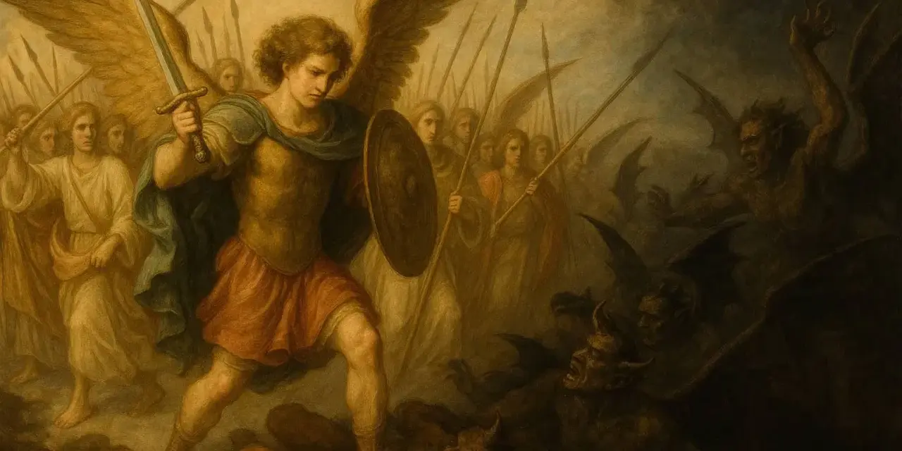 Archanioł Michał z mieczem i tarczą walczy z demonami. Za nim anielska armia.