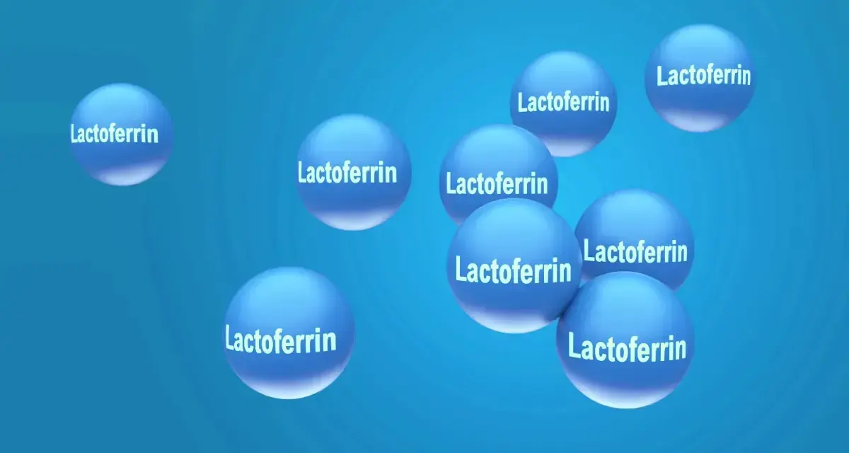 Sfere blu con la scritta "Lactoferrin" che illustrano a cosa serve la lattoferrina, una proteina benefica.