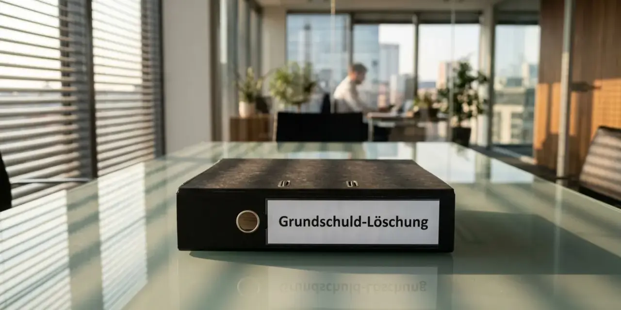Ordner "Grundschuld-Löschung" auf einem Schreibtisch. Informationen zu ex-partner aus dem grundbuch austragen kosten.