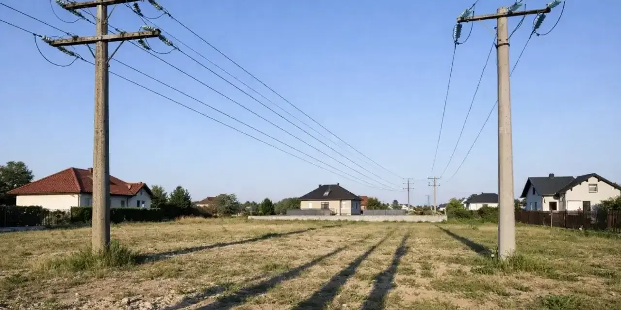 Dwa słupy energetyczne z przewodami linii wysokiego napięcia 110 kV, nad pustą działką z domami w tle. Zachowanie bezpieczna odległość od linii wysokiego napięcia 110 kv jest kluczowe.