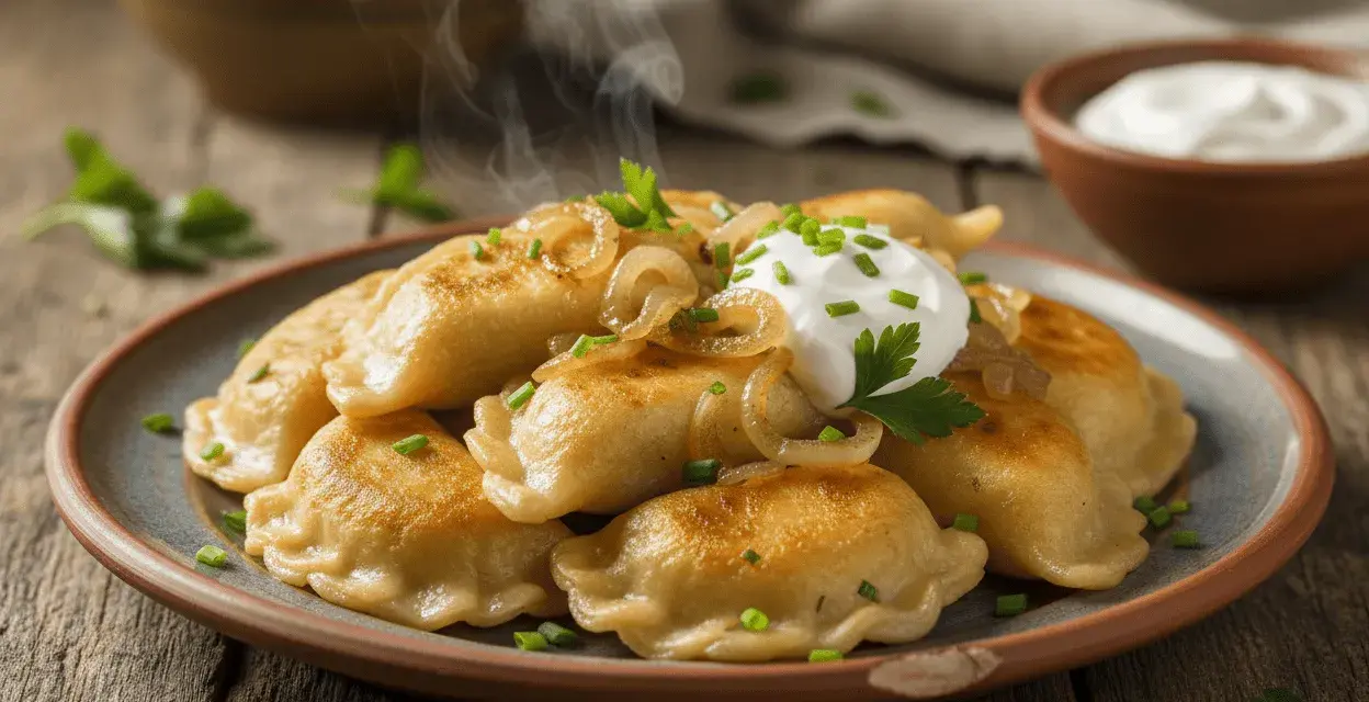 Dampfende Pierogi Ruskie auf einem Teller, garniert mit Zwiebeln, Petersilie und einem Klecks Sauerrahm.