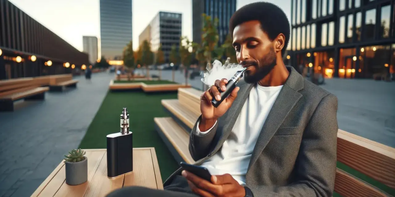 Hombre con traje vapea tranquilamente en un entorno urbano moderno, disfrutando de su mod vape.