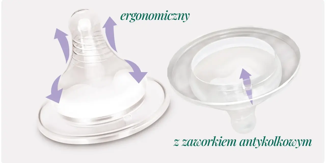 Ergonomiczny smoczek na butelkę z zaworkiem antykolkowym. Fioletowe strzałki pokazują ruch i przepływ powietrza.