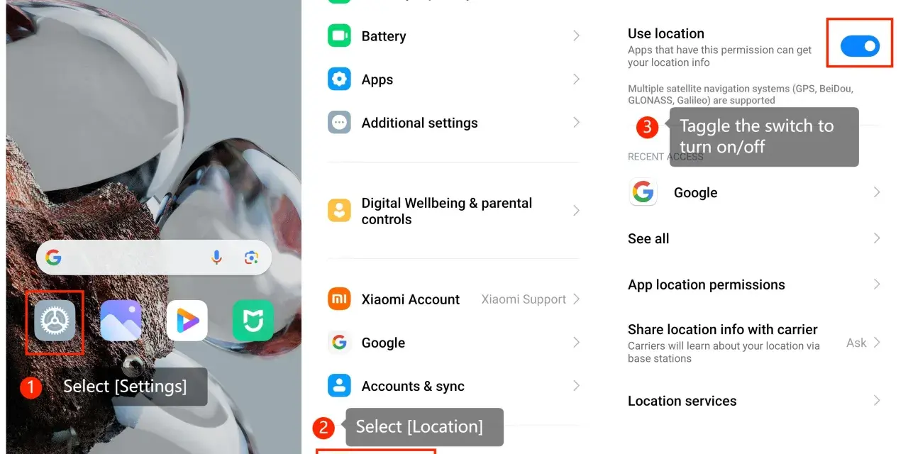 Ustawienia Android: wybierz Ustawienia, następnie Lokalizacja, aby zarządzać udostępnianiem lokalizacji.