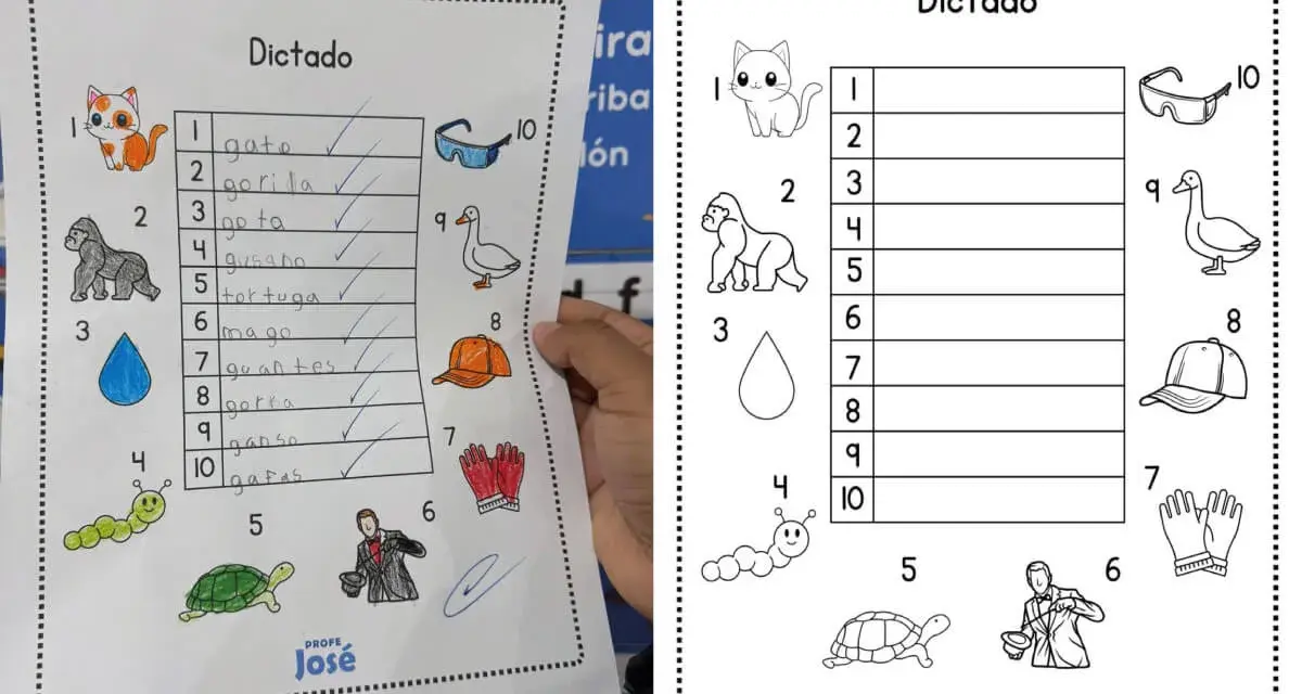Hoja de dictados cortos con dibujos de animales y objetos. El niño completó la lista de palabras.