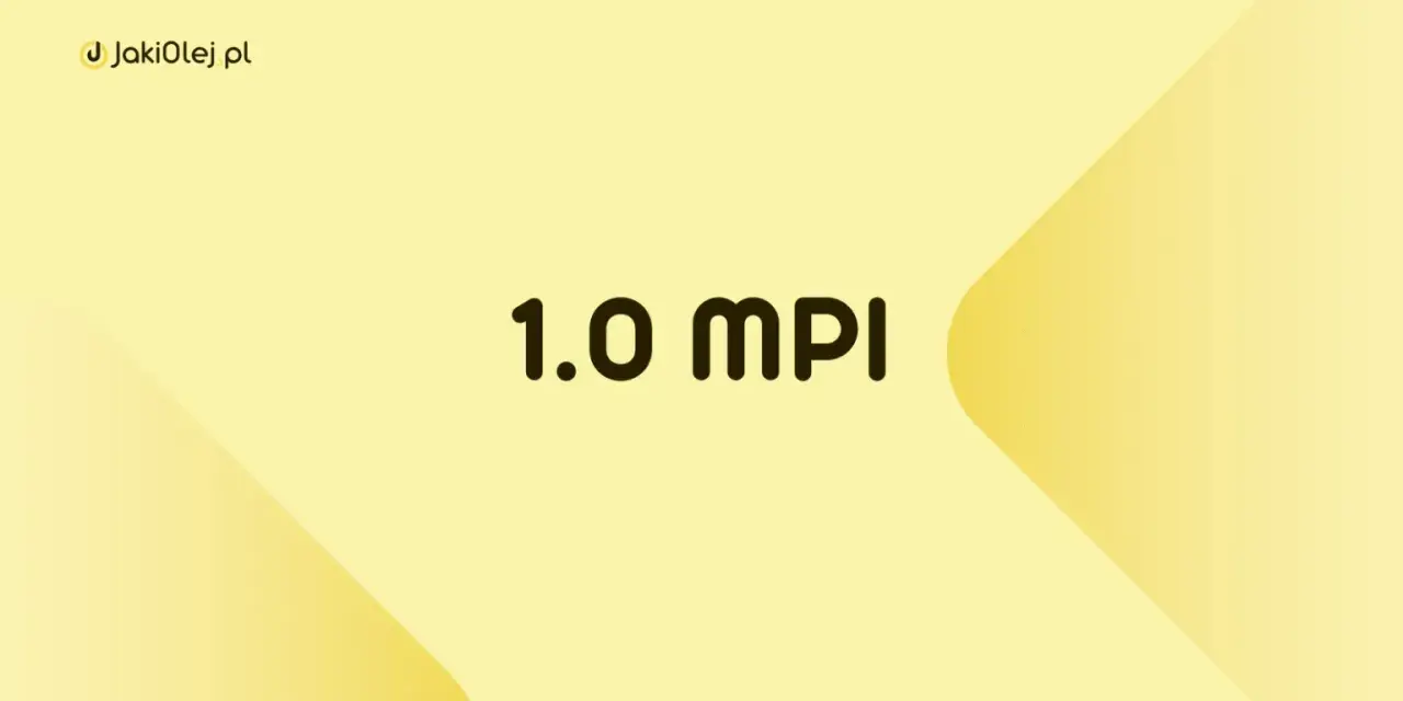 Logo JakiOlej.pl i napis "1.0 MPI" na żółtym tle.