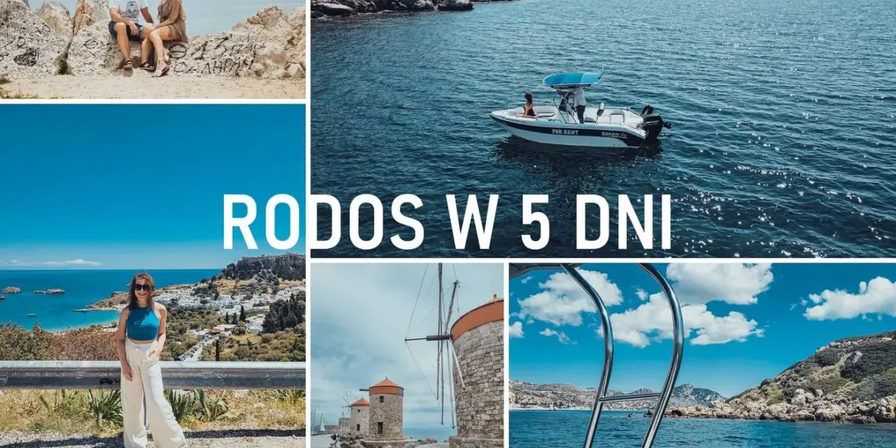 Rodos co zobaczyć: para na skałach, łódź na morzu, kobieta z widokiem na miasto, wiatraki i widok na morze.