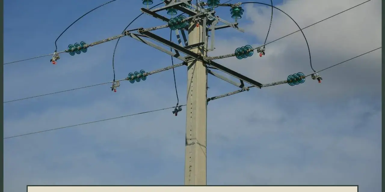 Słup energetyczny z przewodami i izolatorami, jeden z wielu rodzajów słupów energetycznych.