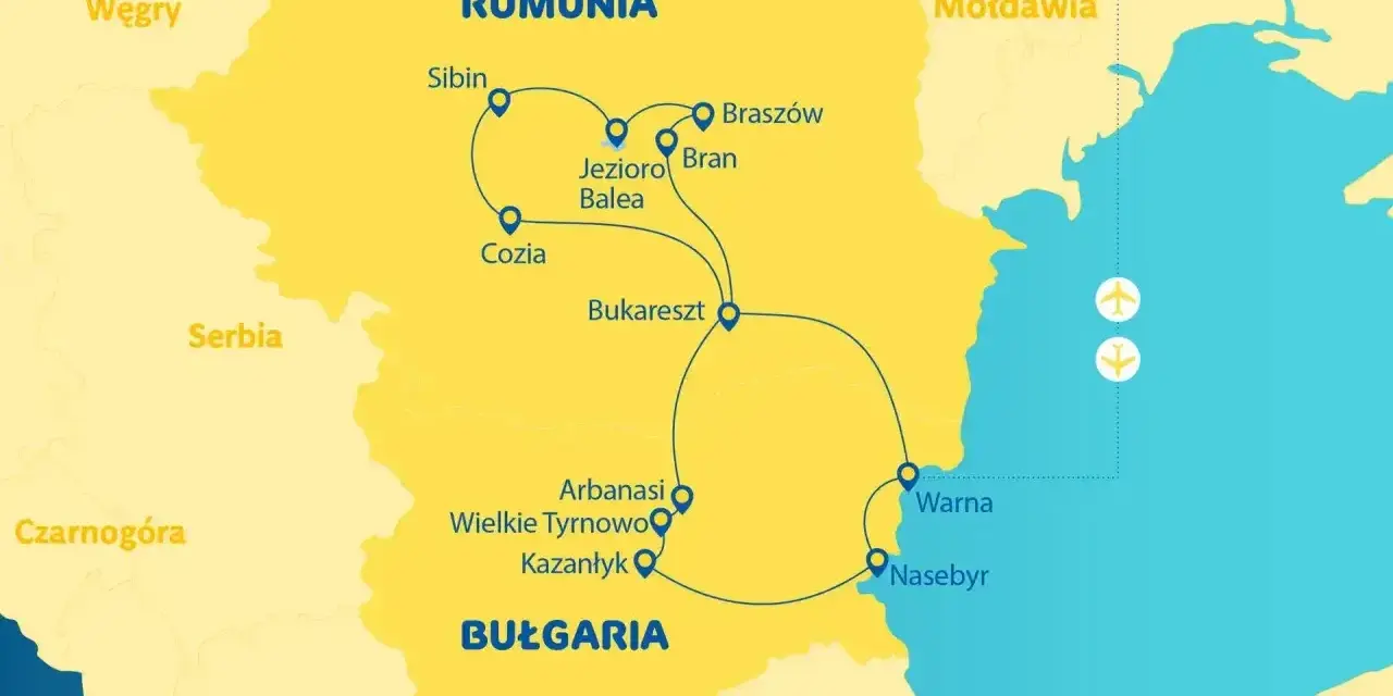 Mapa turystyczna Rumunii i Bułgarii z zaznaczonymi trasami przez góry i miasta. Widoczne lotniska na Morzu Czarnym.