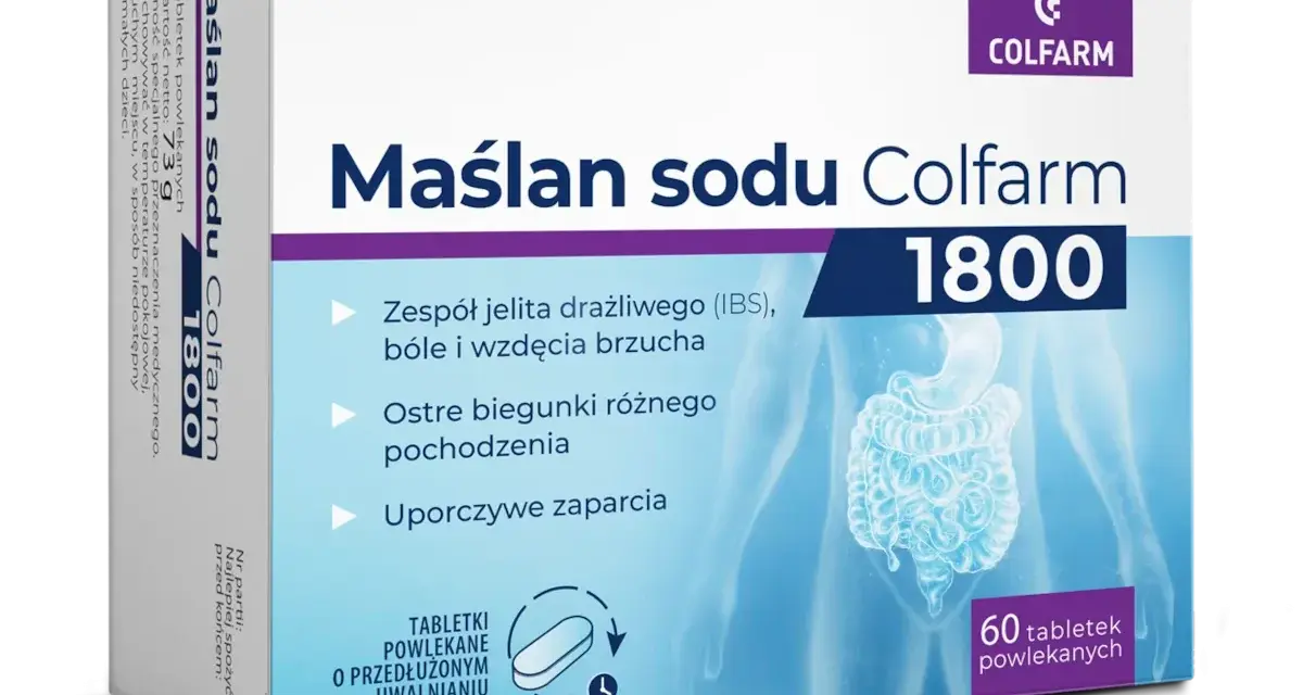 Maślan sodu Colfarm 1800 – wybór dla jelit. Pomaga przy IBS, biegunkach i zaparciach. Tabletki o przedłużonym uwalnianiu.