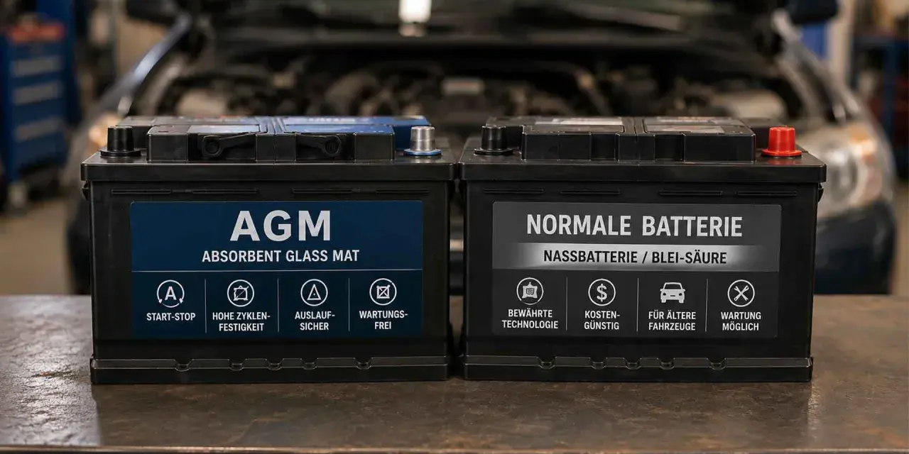 Zwei Autobatterie-Typen: AGM und normale Nassbatterie. Vergleiche ihre Eigenschaften für verschiedene Fahrzeuganforderungen.