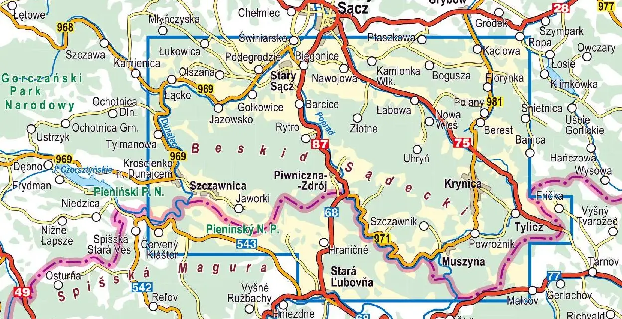 Mapa turystyczna **Beskidu Sądeckiego** z zaznaczonymi drogami, miejscowościami i parkami narodowymi.