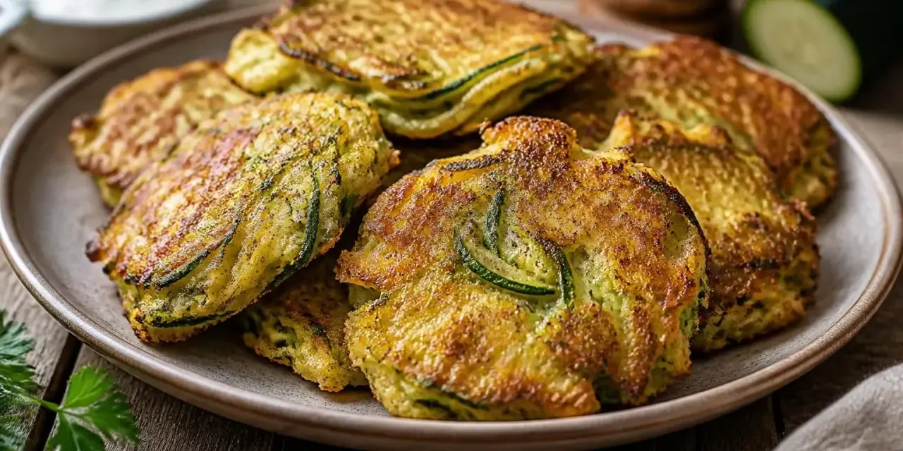 Goldbraune zucchini puffer auf einem Teller, mit Kräutern und einem Dip im Hintergrund.