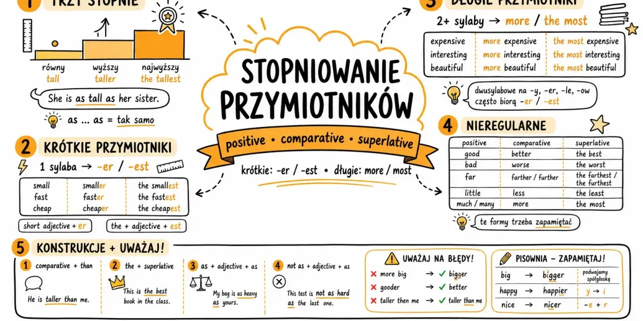 Stopniowanie przymiotników: krótkie (-er/-est), długie (more/most), nieregularne. Dobrze, jaka to część mowy?