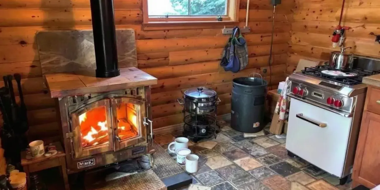 Poêle à bois allumé dans un chalet en bois rond, respectant la norme d'installation. Cuisine fonctionnelle avec cuisinière et ustensiles.