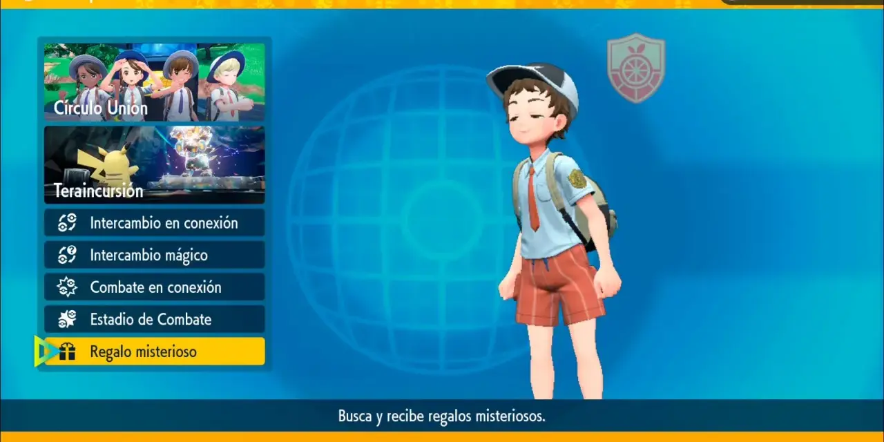 Menú de Pokémon Púrpura: Círculo Unión, Teraincursión, intercambios, combates y la opción de Regalo misterioso para obtener códigos.