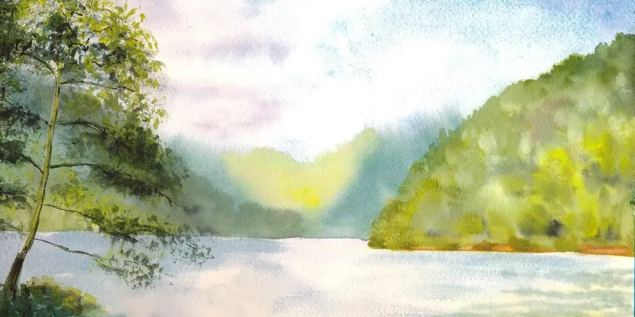 Paysage paisible, une aquarelle humide sur humide. Un arbre feuillu à gauche, un lac calme et des collines verdoyantes en arrière-plan.