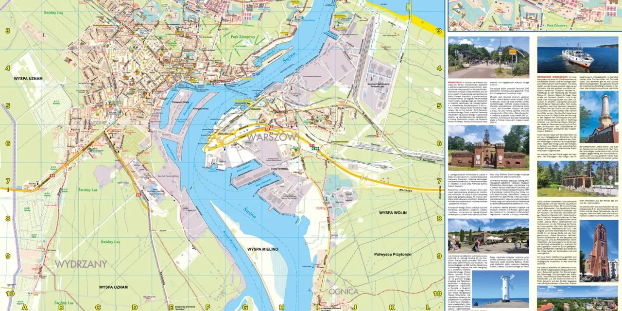Mapa Świnoujścia z zaznaczonymi atrakcjami, portem i wyspami. Idealna do planowania wycieczek i odkrywania uroków miasta.