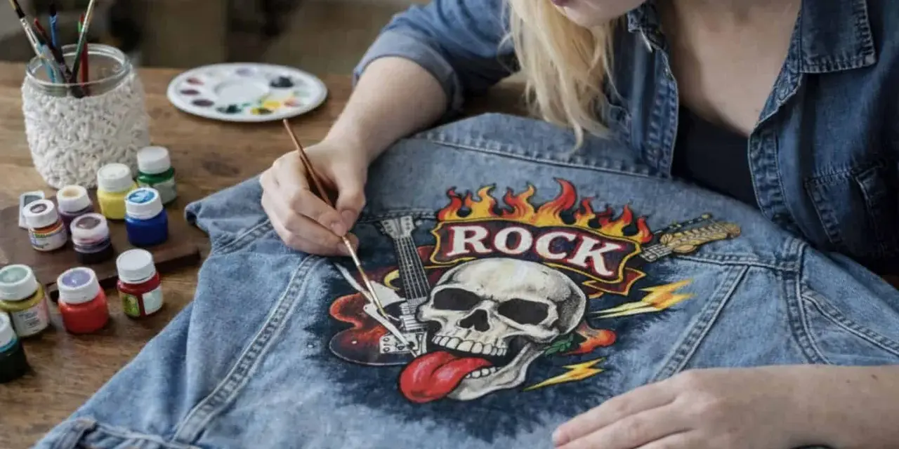 Dziewczyna maluje na dżinsowej kurtce czaszkę z płomieniami i napisem "ROCK". Czy farba akrylowa nadaje się do tkanin? Tak, jak widać na zdjęciu!