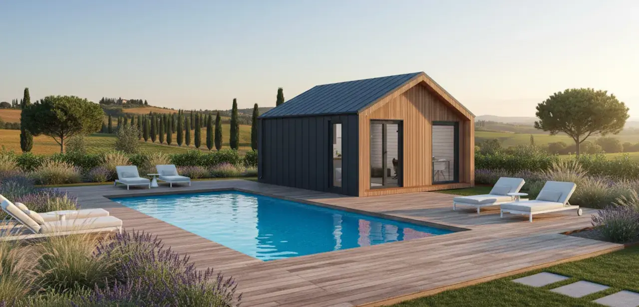 Casa prefabbricata moderna con piscina e vista panoramica. Il costo di una casa prefabbricata può variare, ma questa offre un'oasi di relax.