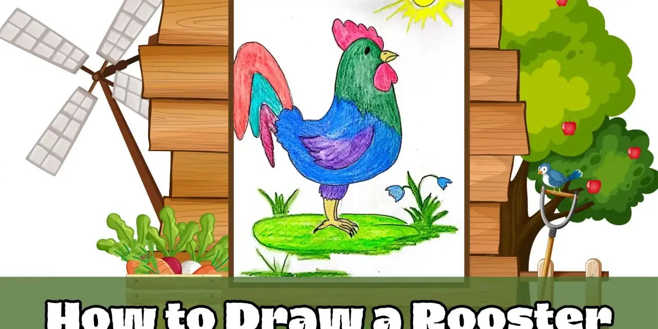 Kolorowy kogut rysunek na tle wiejskiego krajobrazu z wiatrakiem i jabłonią.