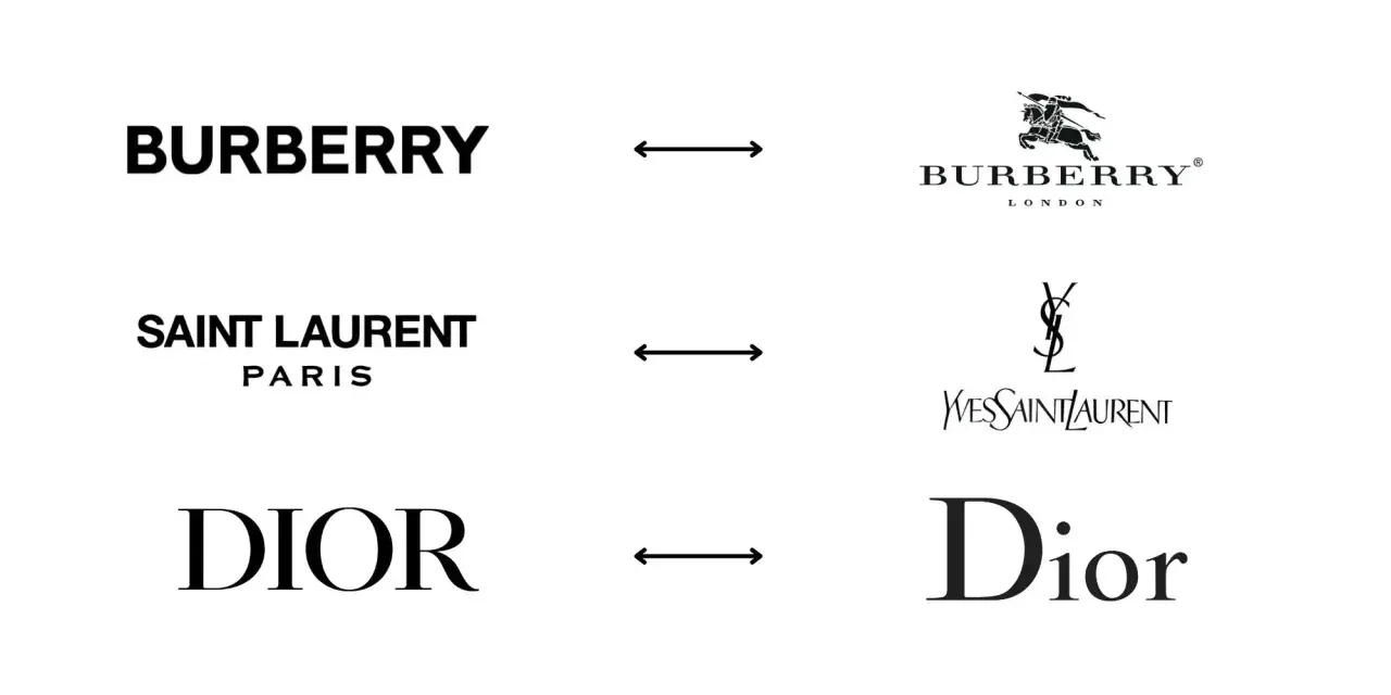 Loghi e monogrammi famosi: Burberry, Saint Laurent Paris e Dior, con le loro icone distintive.