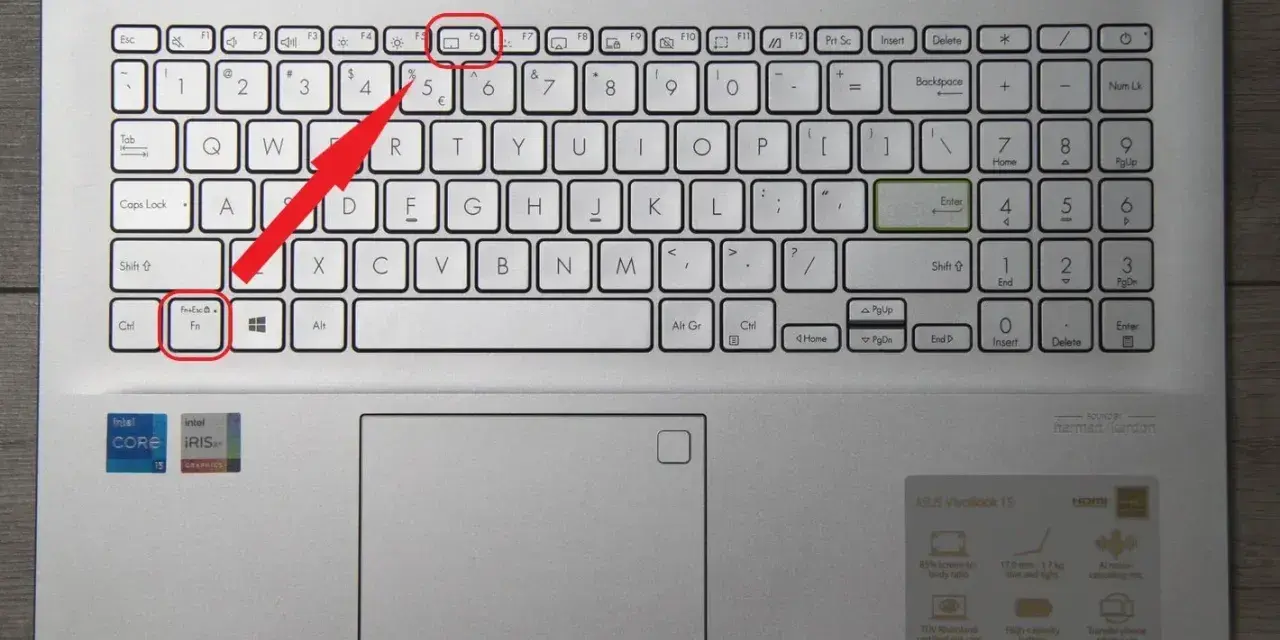 Skrót klawiszowy jak wyłączyć ekran w laptopie: naciśnij Fn + F6. Klawisz F6 z ikoną ekranu jest podświetlony.