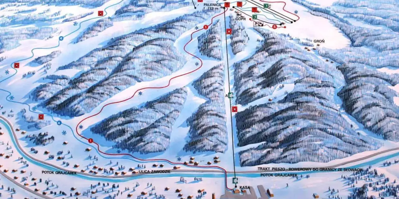 Mapa narciarska Palenicy Szczawnica. Widok na stoki, trasy, wyciągi i infrastrukturę. Sprawdź palenica szczawnica cennik.