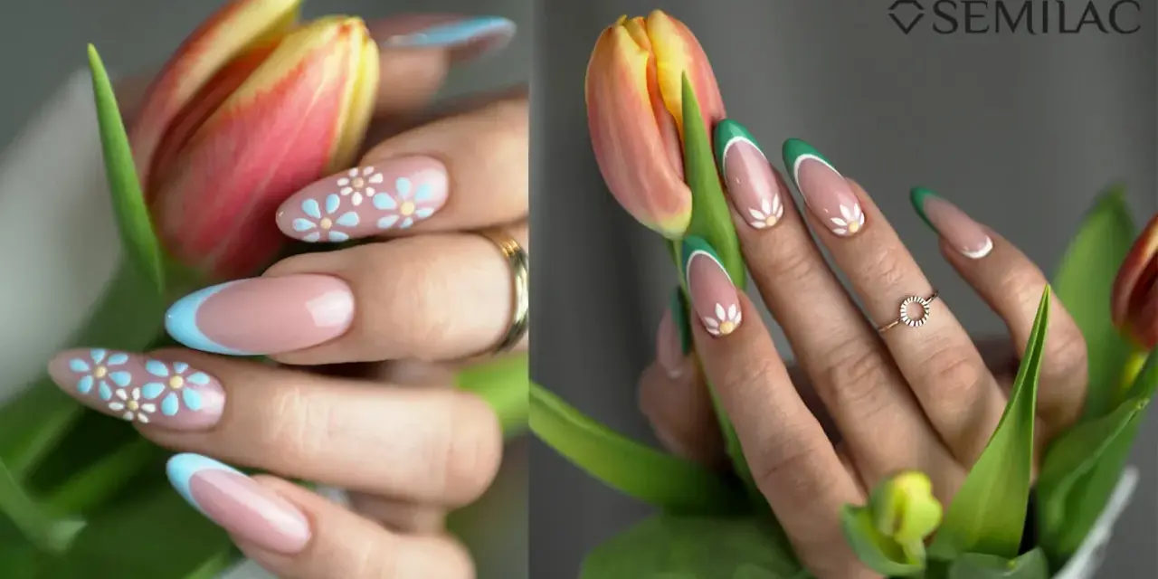 Manicure con fiori stilizzati e french colorato. Semipermanente unghie idee primaverili.
