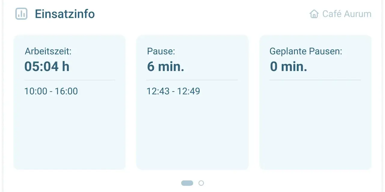Einsatzinfo: 5:04h Arbeitszeit (10-16h), 6min Pause (12:43-12:49), 0min geplante Pausen. Die Pausenregelung der Arbeitszeit wird angezeigt.