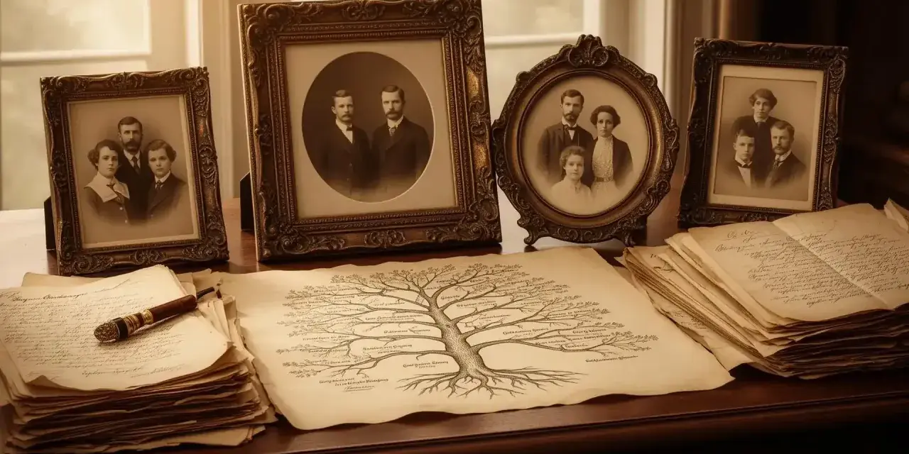 Un arbre généalogique alsacien, entouré de vieilles photos de famille et de documents jaunis, évoque le passé.