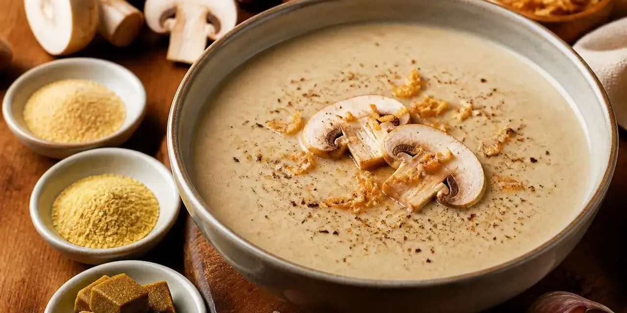 Un réconfortant velouté de champignon, garni de fines tranches et de croquant. Autour, des ingrédients frais et des cubes de bouillon promettent une saveur intense.