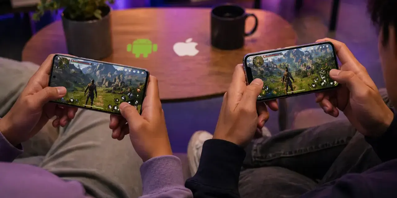 Dos personas juegan en sus teléfonos, inmersas en uno de los mejores RPG. El logo de Android y Apple en la mesa sugieren que la aventura está disponible para todos.