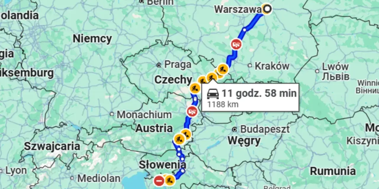 Trasa z Polski do Chorwacji przez Czechy, Austrię i Słowenię. Podróż trwa 11 godzin 58 minut i obejmuje 1188 km.
